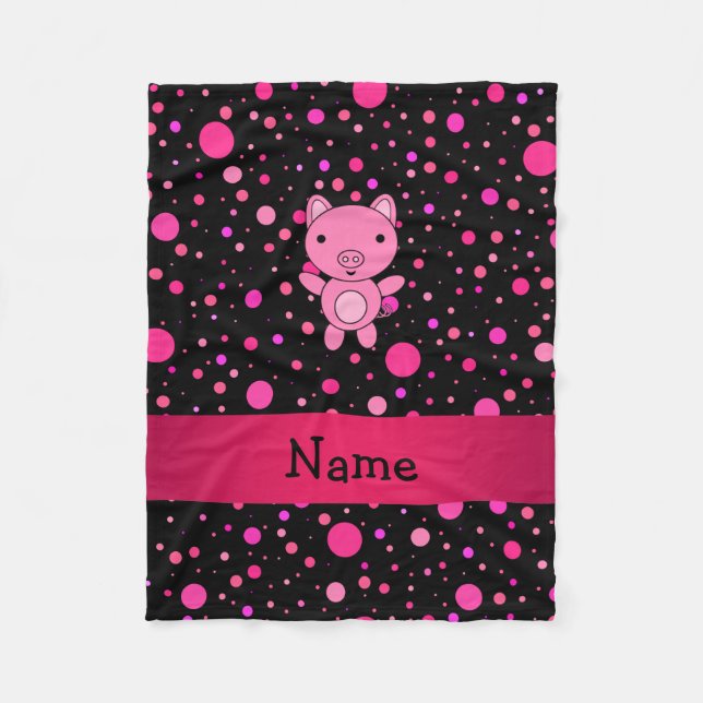 Personalised name pig black pink polka dots fleece blanket (Front)