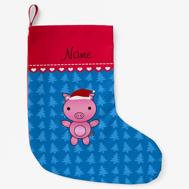 Personalised name pig blue christmas trees small christmas stocking (Front)