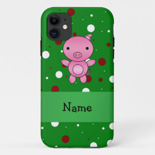 Personalised name pig green white red polka dots iPhone 11 case