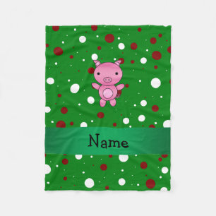 Personalised name pig green white red polka dots fleece blanket