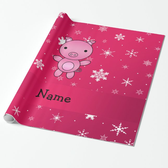 Personalised name pig pink snowflakes wrapping paper (Unrolled)