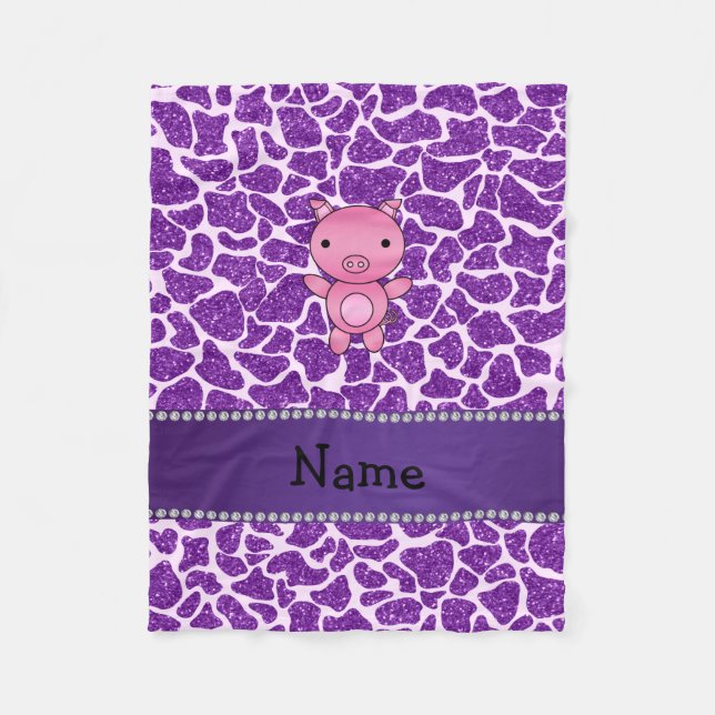 Personalised name pig purple glitter giraffe print fleece blanket (Front)
