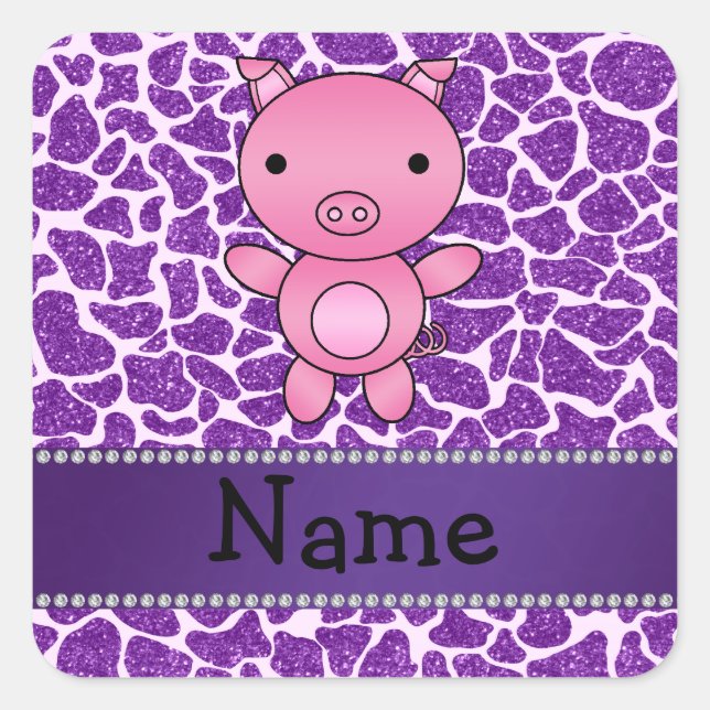 Personalised name pig purple glitter giraffe print square sticker (Front)
