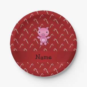 Personalised name pig red candy canes paper plate