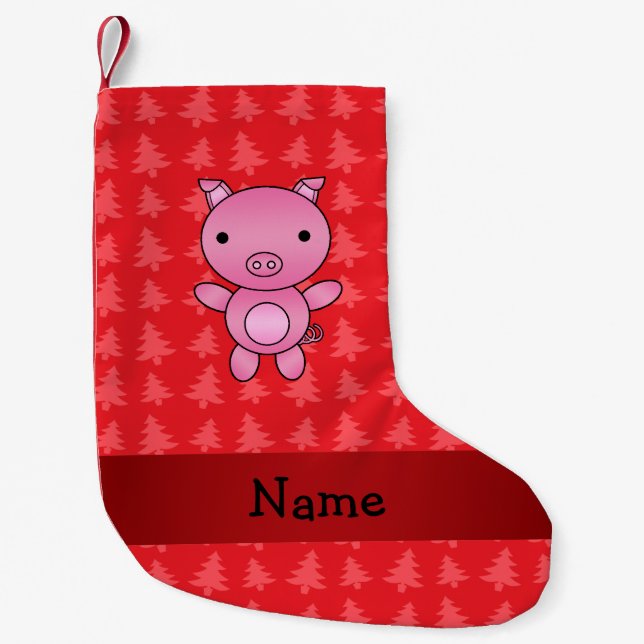 Personalised name pig red christmas trees small christmas stocking (Front)