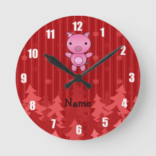 Personalised name pig red christmas trees stripes round clock