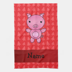 Personalised name pig red christmas trees tea towel
