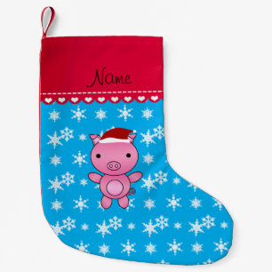 Personalised name pig sky blue snowflakes small christmas stocking