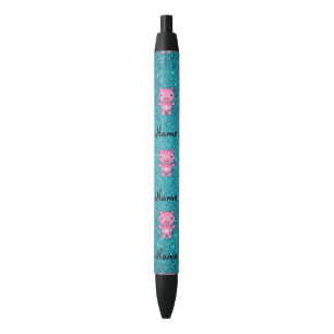 Personalised name pig turquoise glitter black ink pen