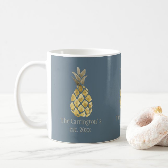 Personalised Name Pineapple Rustic Blue Coffee Mug (With Donut)