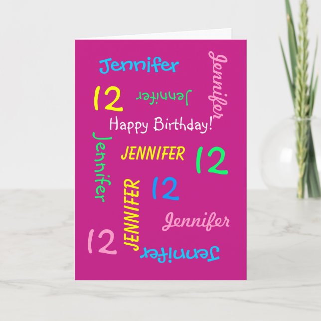 Personalised Name, Pink, 12 Years Old, Greeting Card (Front)