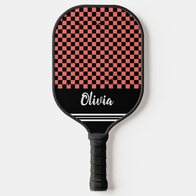 Personalised Name pink and black Chequered Pattern Pickleball Paddle (Front)
