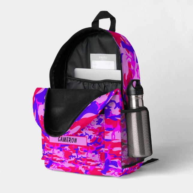 Personalised Name Pink and Blue Camouflage Printed Backpack (Back Corner Right (Open))