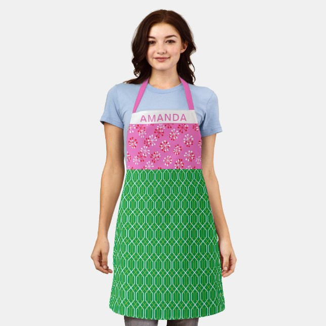 Personalised Name Pink and Green Retro Geometric  Apron (Worn)