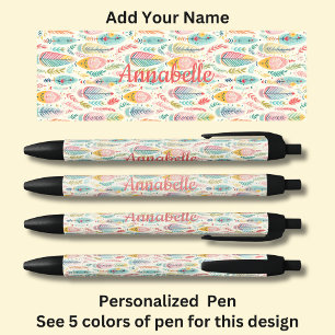 Personalised Name, Pink Aqua Boho Feathers Black Ink Pen