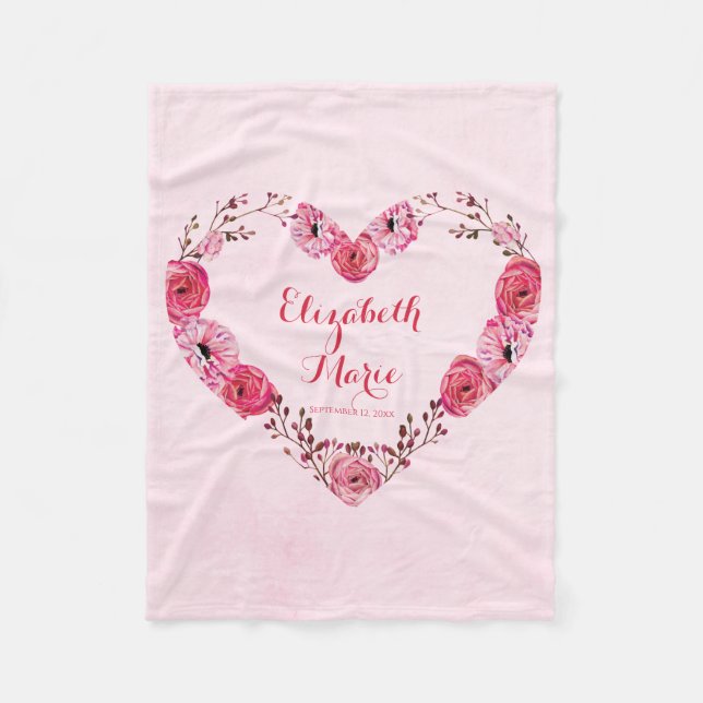 Personalised Name Pink Baby Girl Floral Monogram Fleece Blanket (Front)