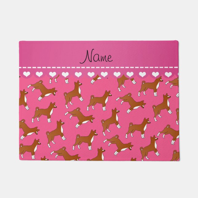 Personalised name pink basenji dogs doormat (Front)