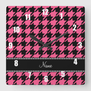 Personalised name pink black houndstooth square wall clock