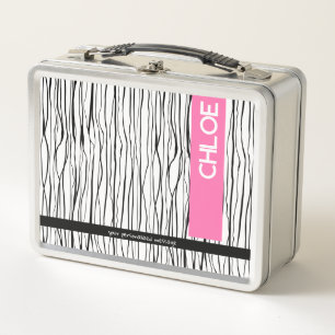 Personalised Name Pink & Black Modern  Metal Lunch Box