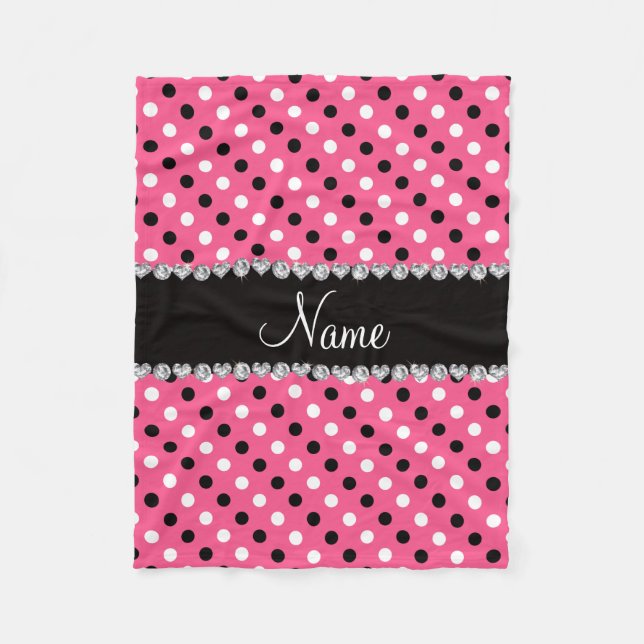 Personalised name pink black white polka dots fleece blanket (Front)