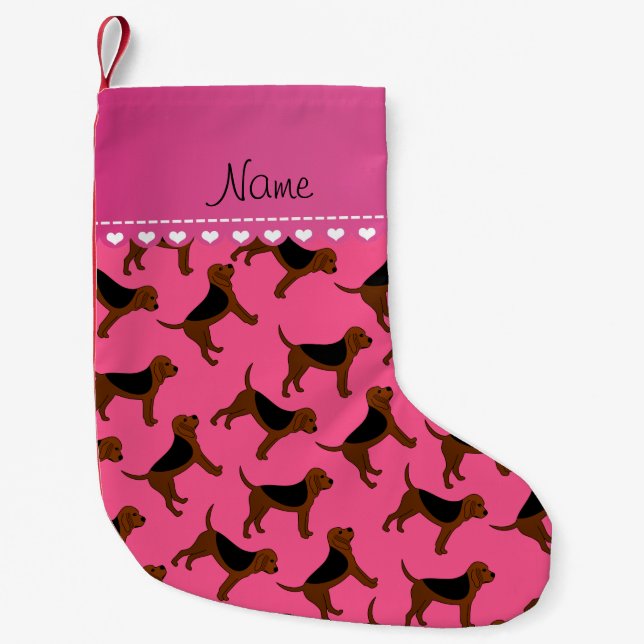 Personalised name pink bloodhound dogs small christmas stocking (Front)