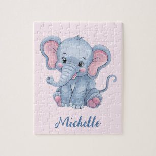 Personalised Name Pink Blue elephant Girl's Jigsaw Puzzle