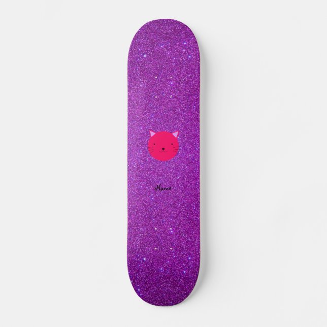 Personalised name pink cat face purple glitter skateboard (Front)