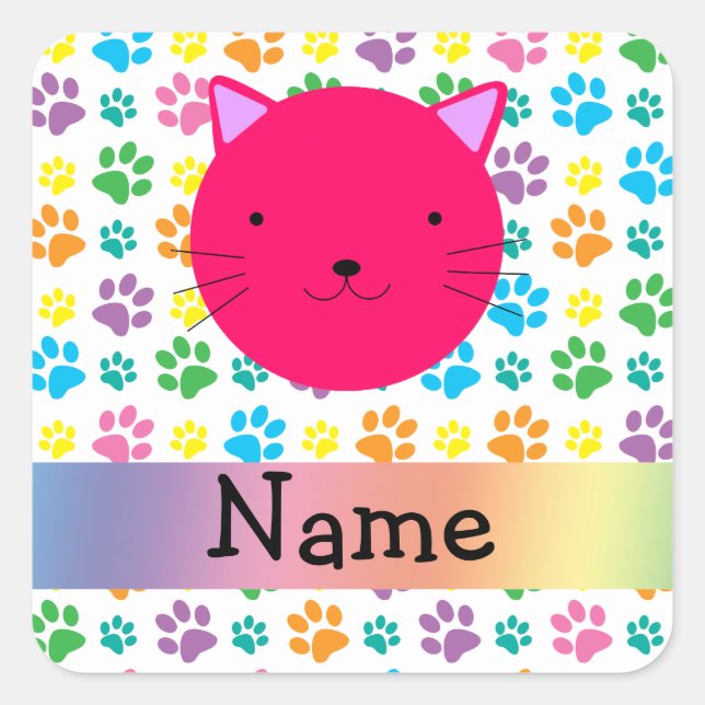 Personalised name pink cat rainbow paws square sticker (Front)