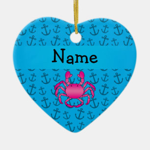 Personalised name pink crab blue anchors pattern ceramic tree decoration