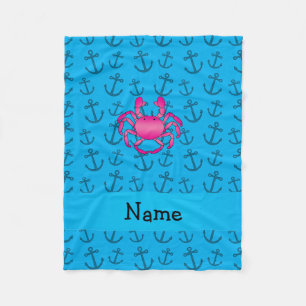 Personalised name pink crab blue anchors pattern fleece blanket