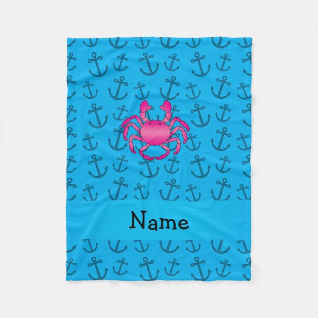 Personalised name pink crab blue anchors pattern fleece blanket (Front)