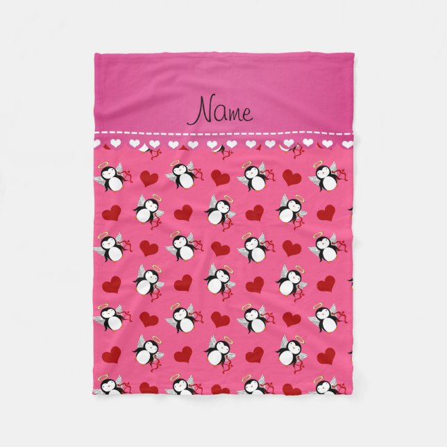 Personalised name pink cupid penguins red hearts fleece blanket (Front)