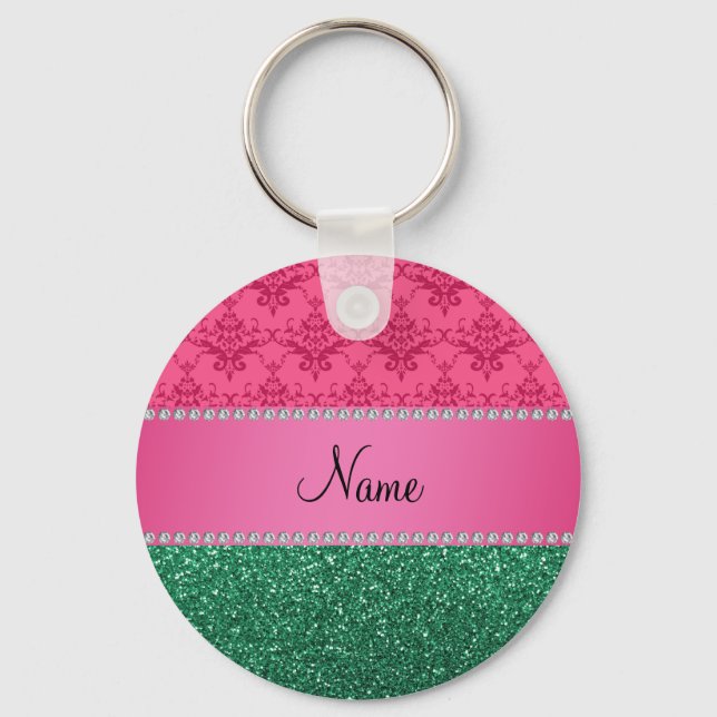 Personalised name pink damask green glitter key ring (Front)