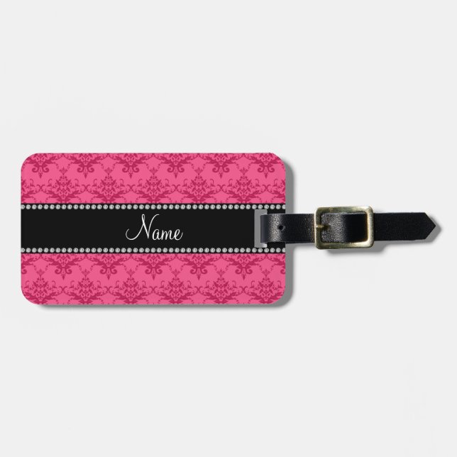 Personalised name Pink damask Luggage Tag (Front Horizontal)