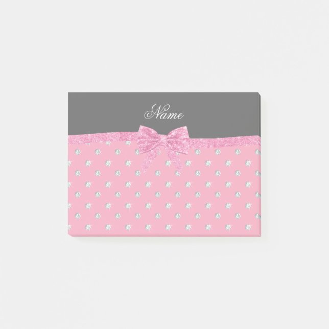 Personalised name pink diamonds pink bow post-it notes (Front)