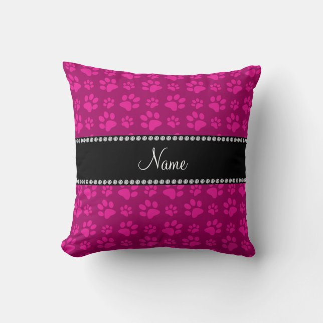Personalised name pink dog paw prints cushion (Front)