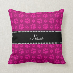 Personalised name pink dog paw prints cushion