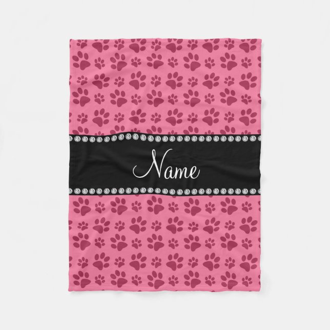 Personalised name pink dog paw prints fleece blanket (Front)