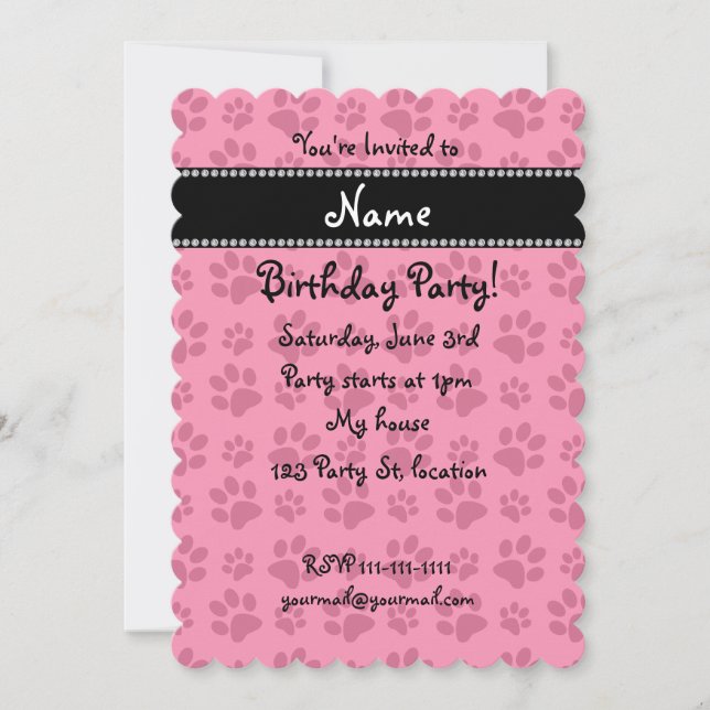 Personalised name pink dog paw prints invitation (Front)