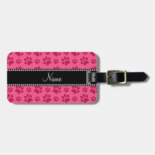 Personalised name pink dog paw prints luggage tag (Front Horizontal)