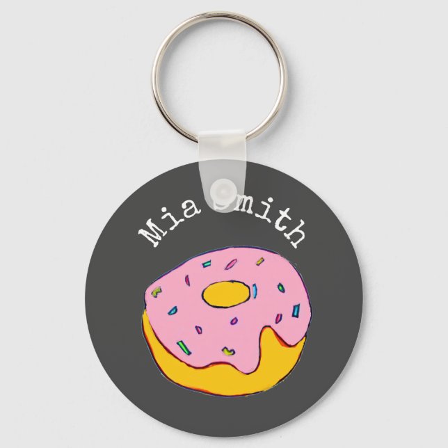 Personalised name pink doughnut cute on grey key ring (Front)