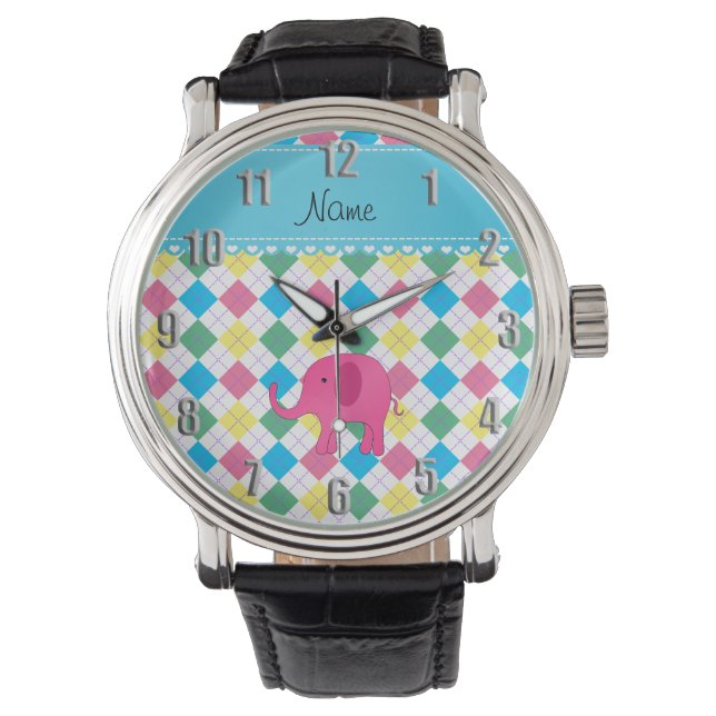 Personalised name pink elephant colourful argyle watch (Front)