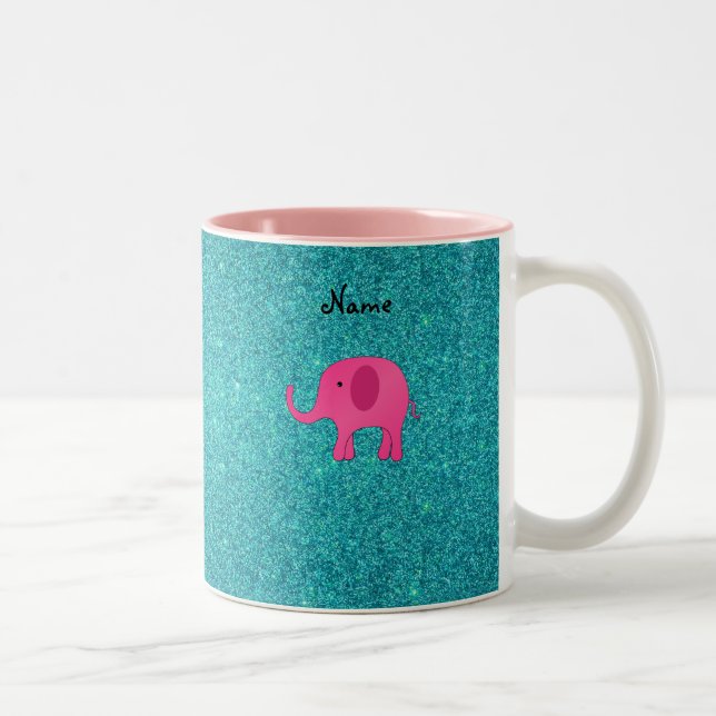 Personalised name pink elephant turquoise glitter Two-Tone coffee mug (Right)