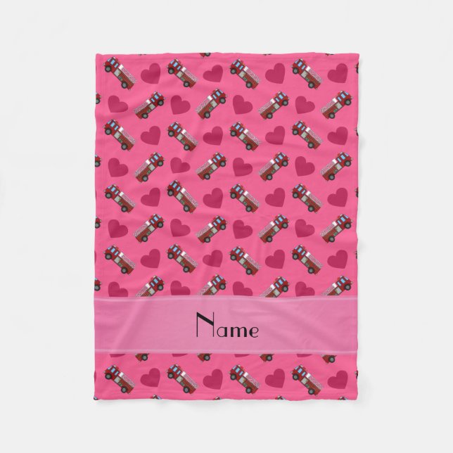 Personalised name pink fire trucks hearts fleece blanket (Front)