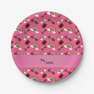 Personalised name pink fire trucks rainbows paper plate
