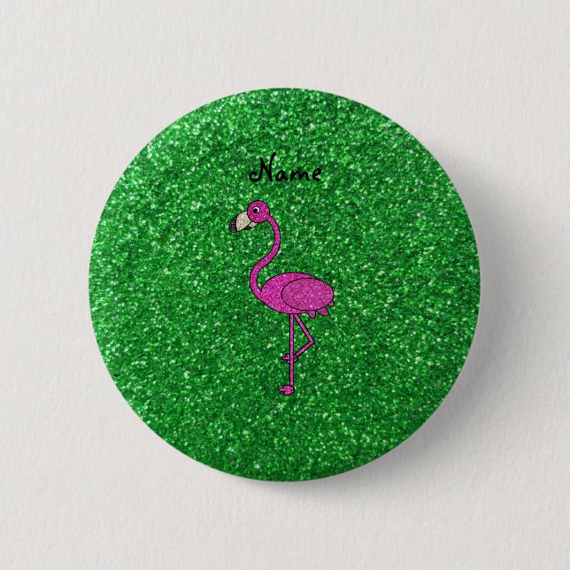 Personalised name pink flamingo green glitter 6 cm round badge (Front)