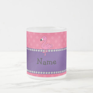 Personalised name pink flamingo pink polka dots frosted glass coffee mug