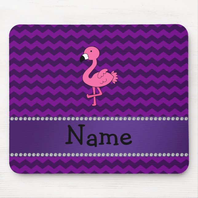 Personalised name pink flamingo purple chevrons mouse mat (Front)