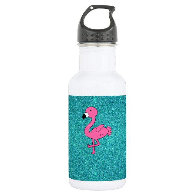 Personalised name pink flamingo turquoise glitter 532 ml water bottle (Front)