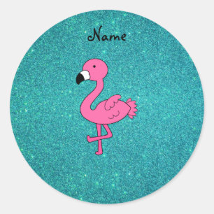 Personalised name pink flamingo turquoise glitter classic round sticker